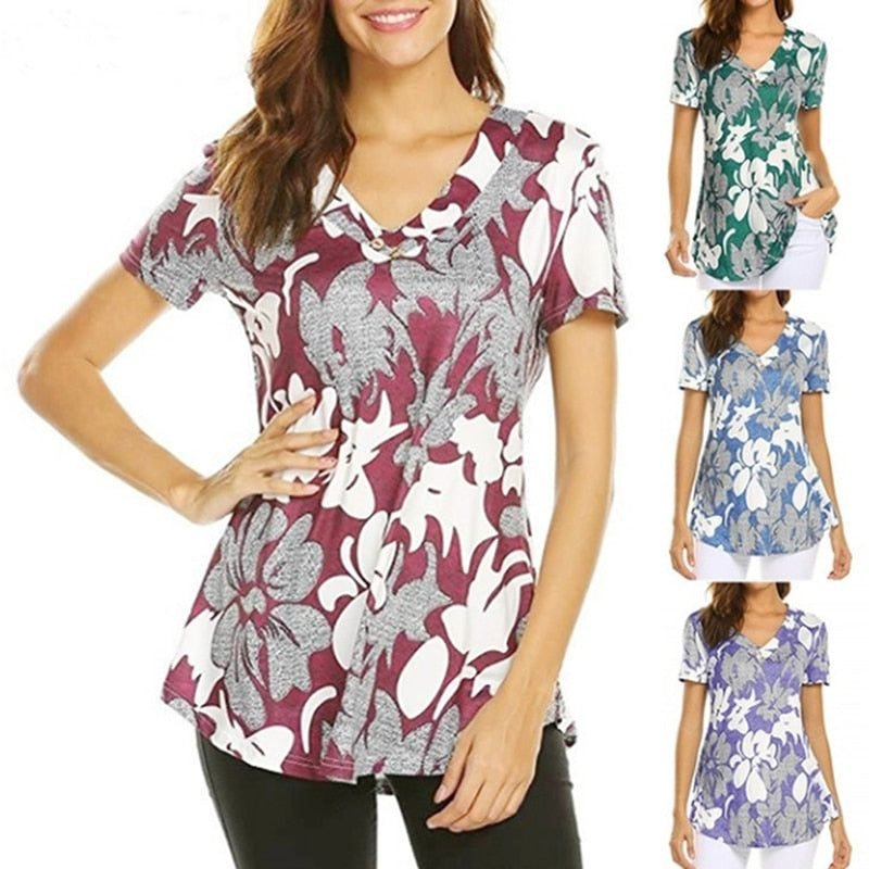 2XL-Plus-Size-Women-Tunic-Shirt-2021-Autumn-Short-Sleeve-Floral-Print-V-neck-Blouses-And