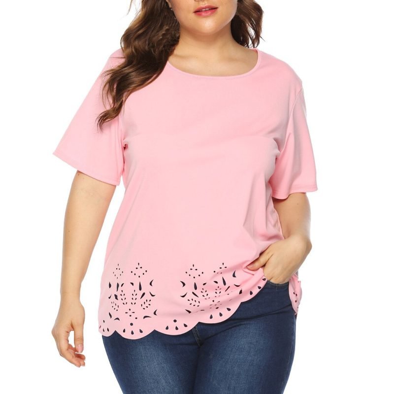 4xl-Plus-Size-Hollow-Out-Shirt-Summer-Casual-Loose-Blouse-Soild-Short-Sleeve-Round-Neck-Tunic