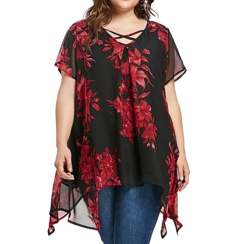 5xl-Plus-Size-Chiffon-Tunic-Shirt-Floral-Printed-Short-Sleeve-Tunic-Tops-V-neck-Casual-Loose