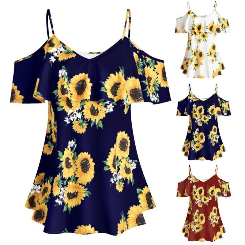 Camisetas-Verano-Mujer-Plus-Size-Women-Sunflower-Printed-Camis-Short-Sleeve-Ruffles-Cold-Shouder-Blouse-Female